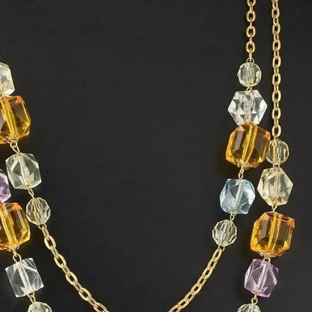 Super Long Chunky Gold Chain Amber Clear Faceted Acrylic Beads Necklace